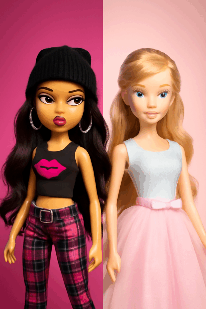 Symbolic comparison between a Bratz-style doll and a traditional fashion doll representing their cultural rivalry.