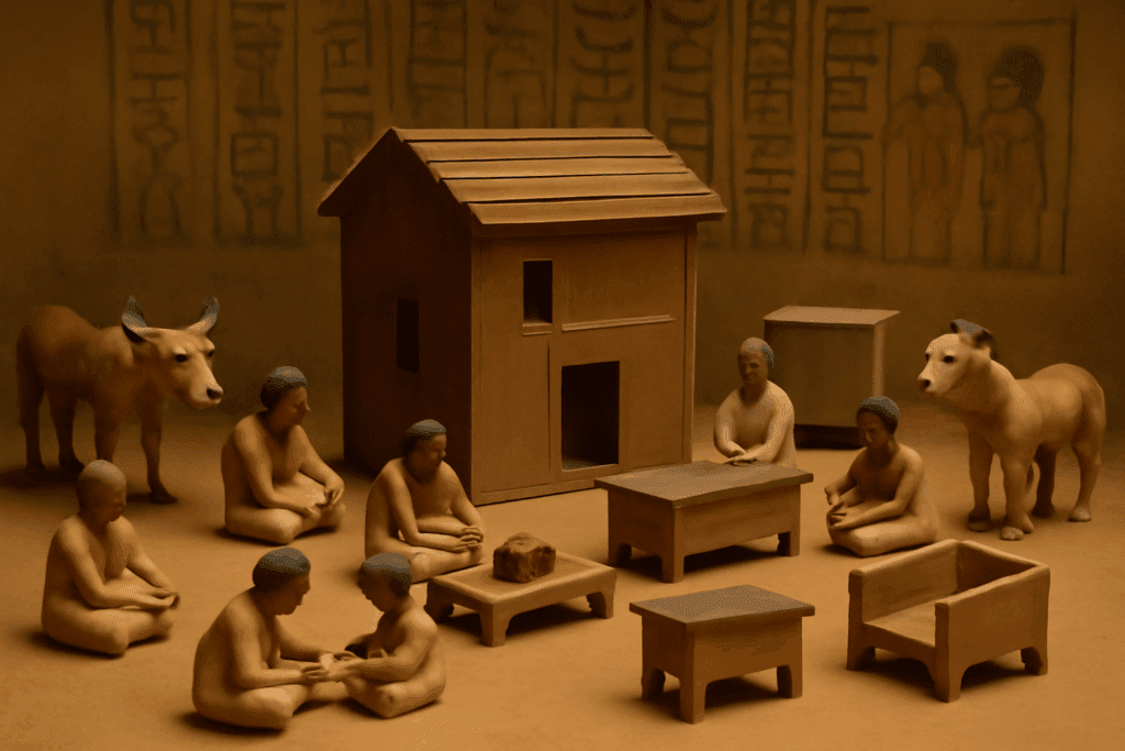 Ancient Egyptian tomb with miniature houses and furniture