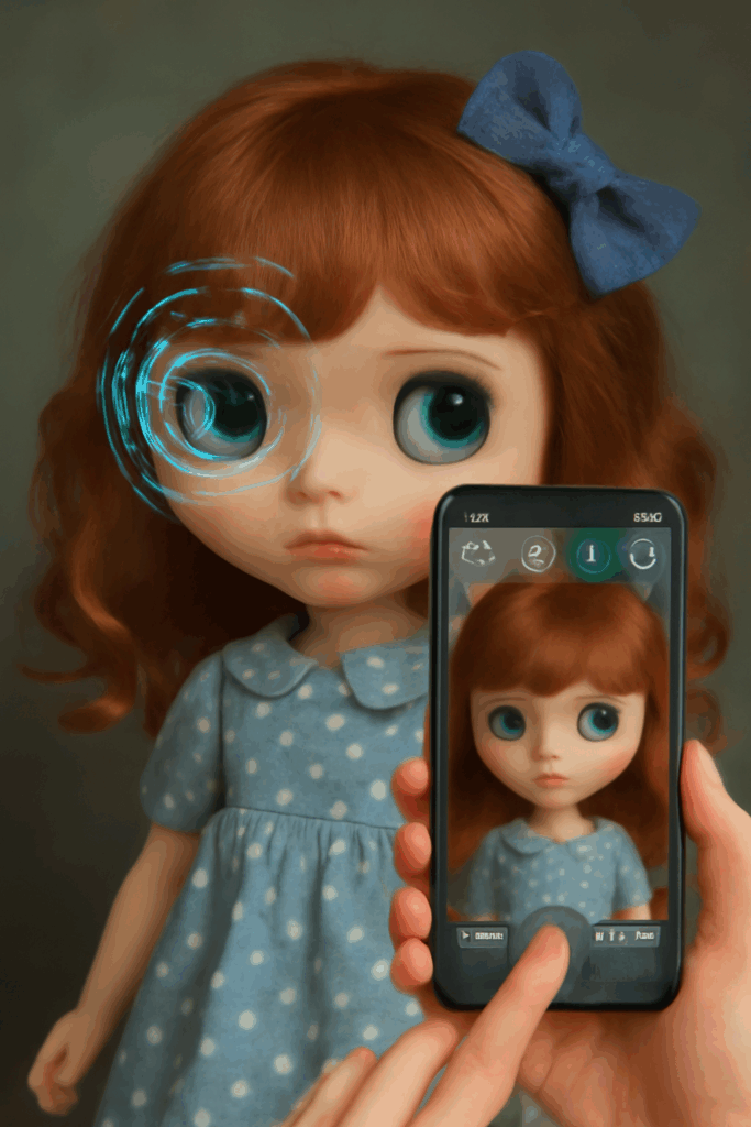 Concept image of a Blythe doll with augmented reality features interacting with a smartphone.