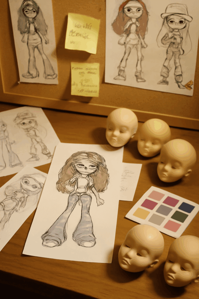 Early Bratz doll prototype sketches and concept designs on the MGA design team's workspace.