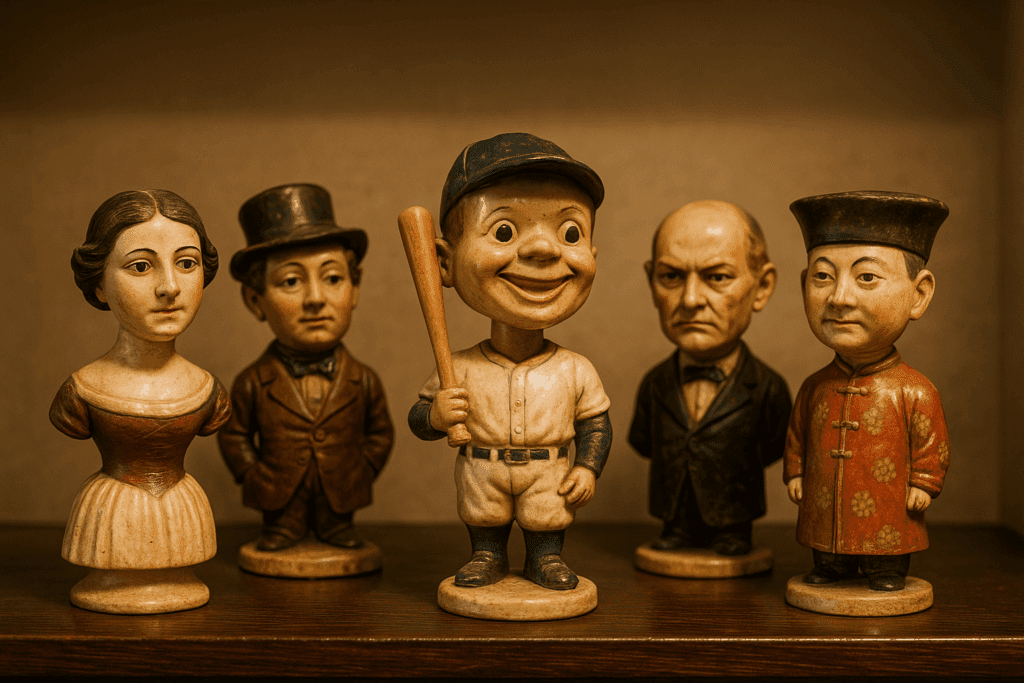 Vintage ceramic nodding dolls, early predecessors of modern bobblehead figures, displayed on a wooden shelf.