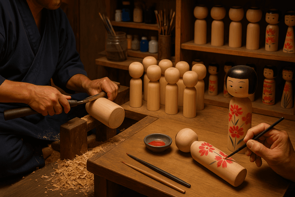 Japanese artisan turning and hand-painting traditional kokeshi dolls in a workshop