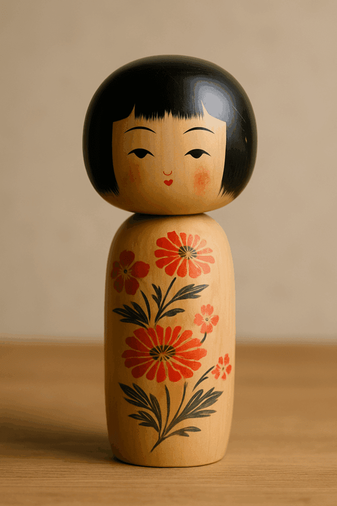 Close-up of a traditional Japanese kokeshi doll with floral patterns