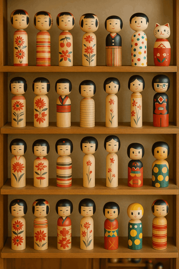 Assorted traditional and modern Japanese kokeshi dolls on a wooden shelf
