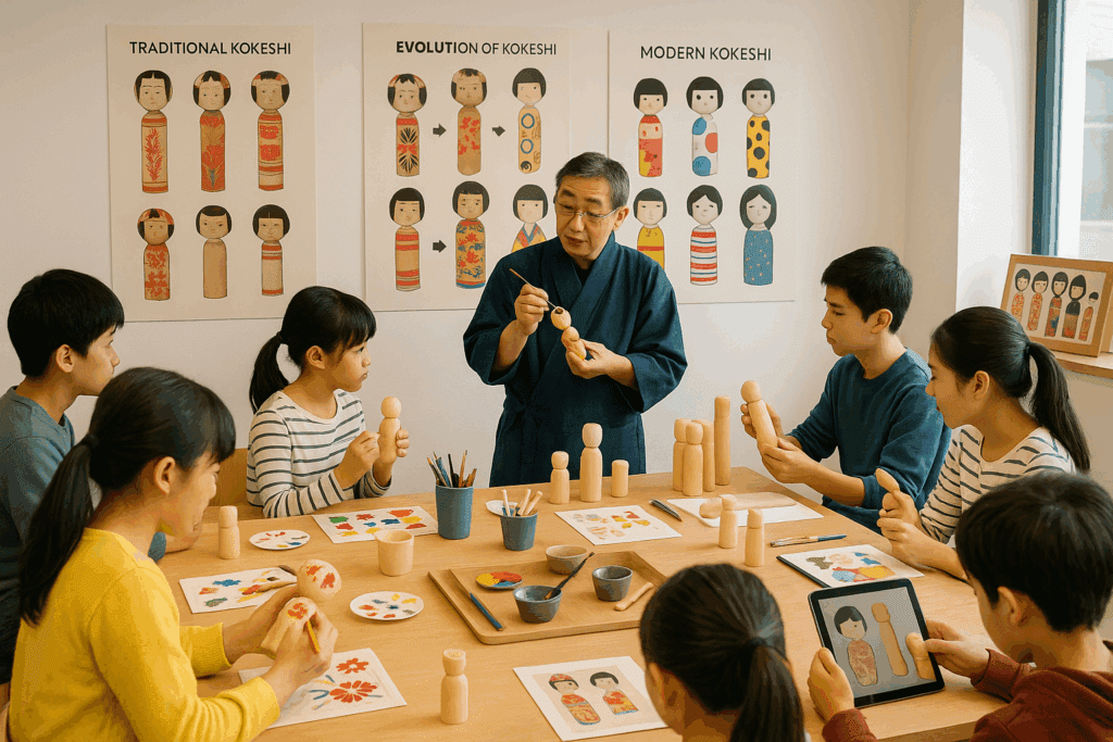 Children and young adults learning to paint kokeshi dolls in a modern workshop