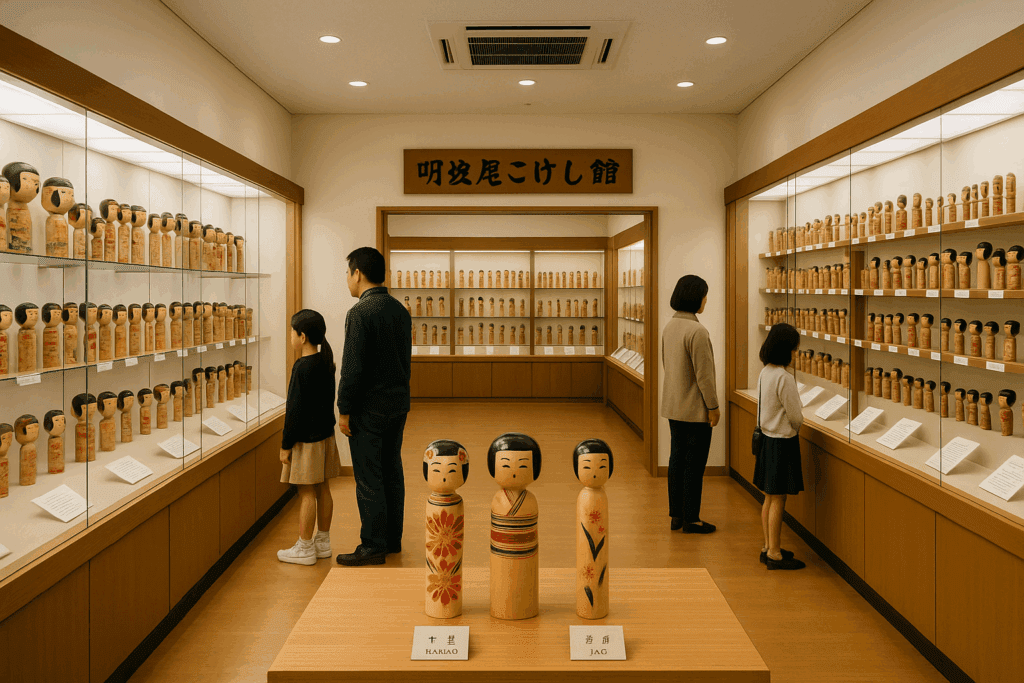 Exhibition of traditional kokeshi dolls at a Japanese museum