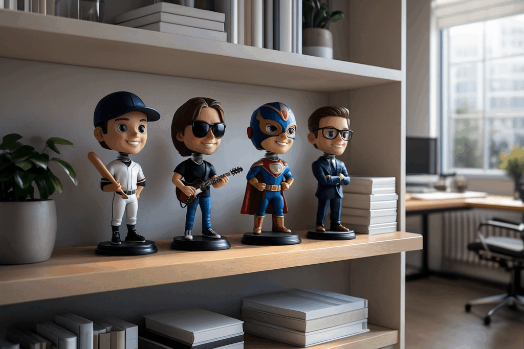 Assorted modern bobblehead figures of athletes, celebrities and fictional characters displayed together on a shelf.