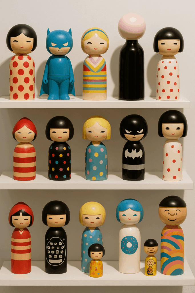 Modern kokeshi dolls with contemporary patterns and experimental shapes
