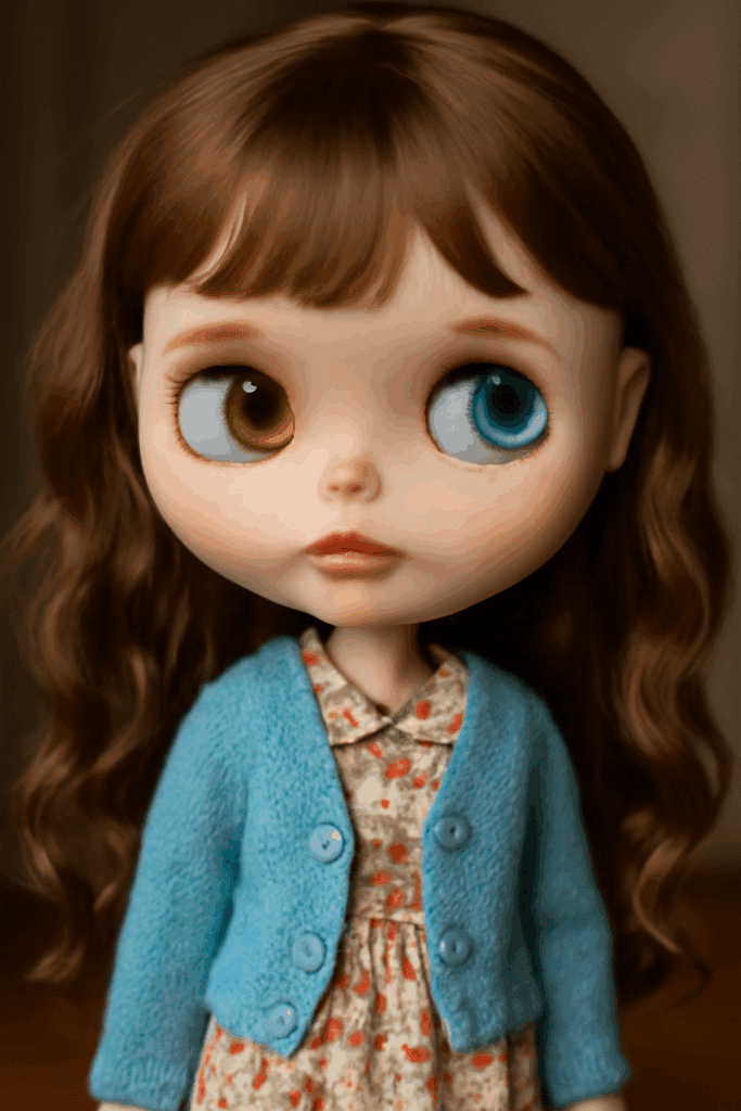 Close-up of a Neo Blythe doll with color-changing eyes and a custom outfit.