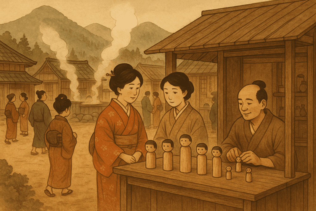 Historic Tohoku hot spring town where craftsmen sell early kokeshi dolls
