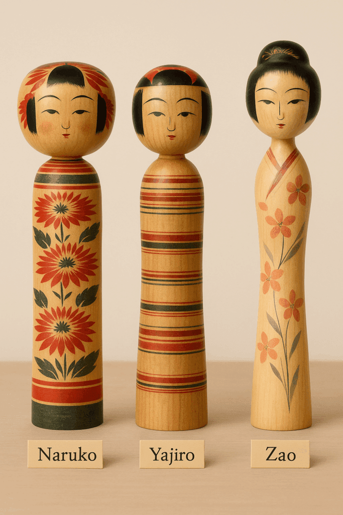 Three traditional kokeshi dolls showing Naruko, Yajiro, and Zao regional styles