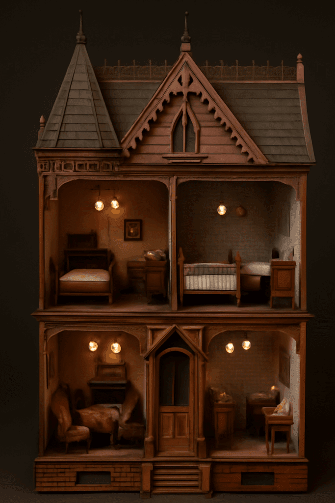 Victorian dollhouse with detailed architecture and multiple stories